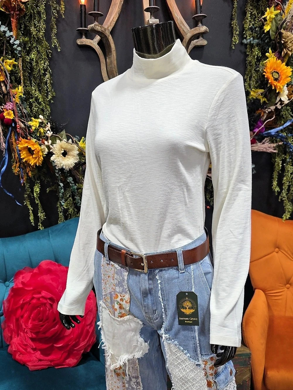 POL Soft Cream Long Sleeve Turtleneck Top.
